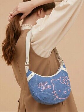 Hello Kitty Denim Hobo Purse Pink Embroidered Sanrio Blue Jean Shoulder Bag Y2K